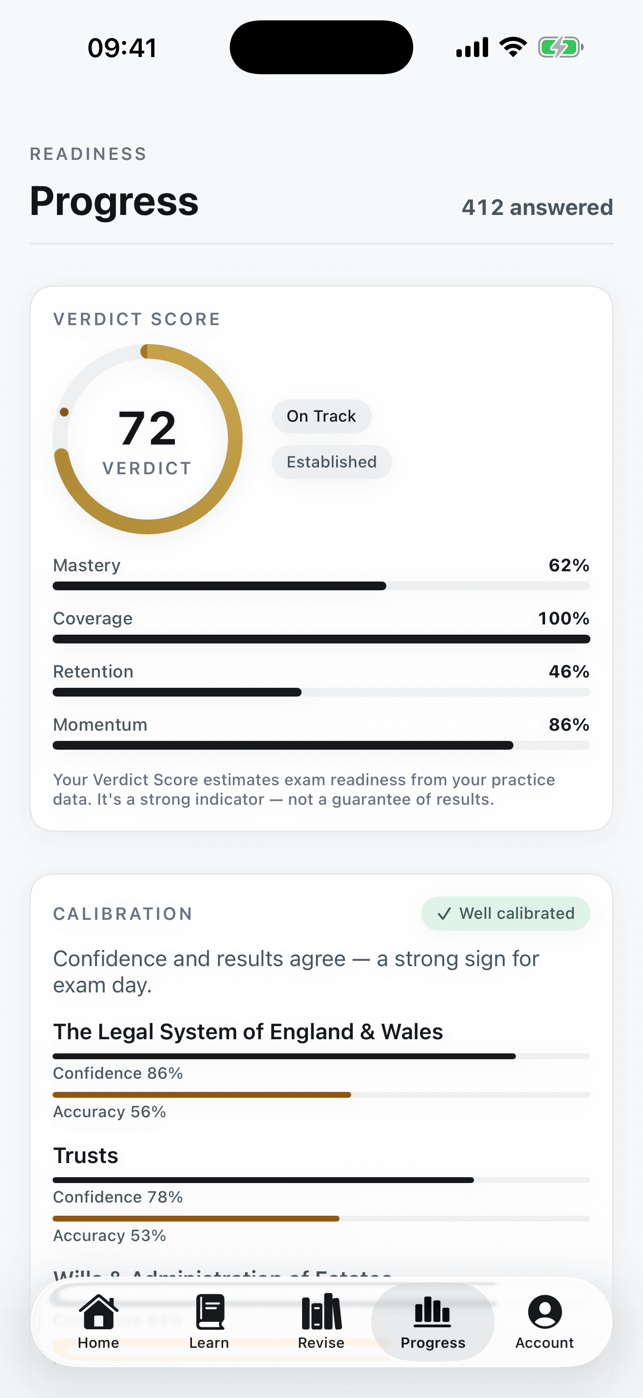 The Blacklaw progress screen with a 30-day Verdict trend